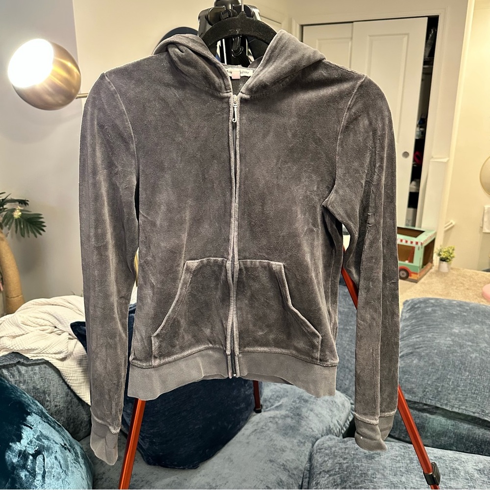 Juicy Couture Velour Hooded Zip-up Sweatshirt in Grey Rhinestone "Luxe for life"